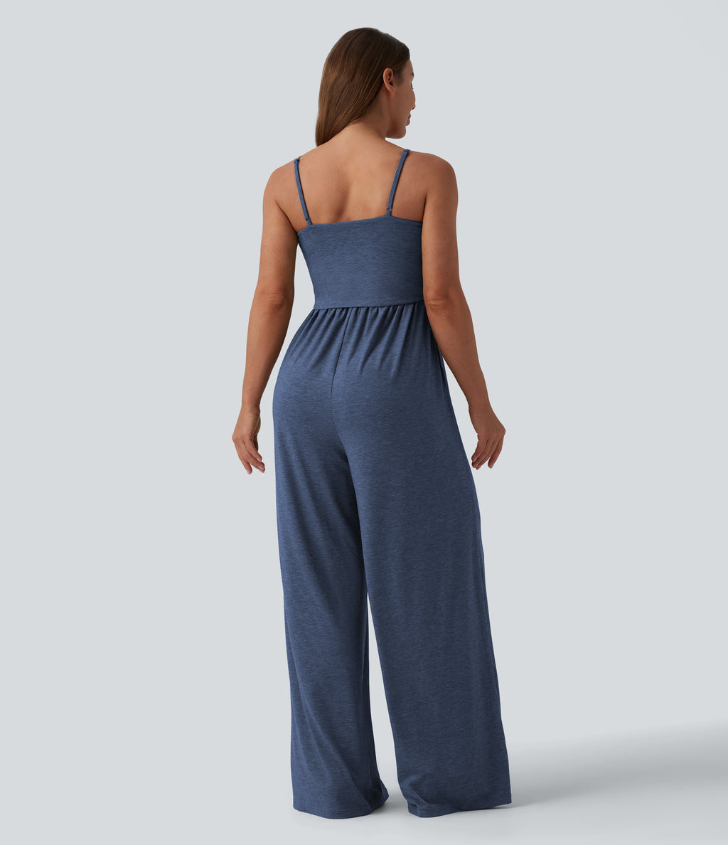 Adjustable Straps Ruched Wide Leg Heathered Casual Jumpsuit with Pockets — Mottled Indigo — view 2