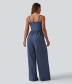 Adjustable Straps Ruched Wide Leg Heathered Casual Jumpsuit with Pockets — Mottled Indigo — view 2