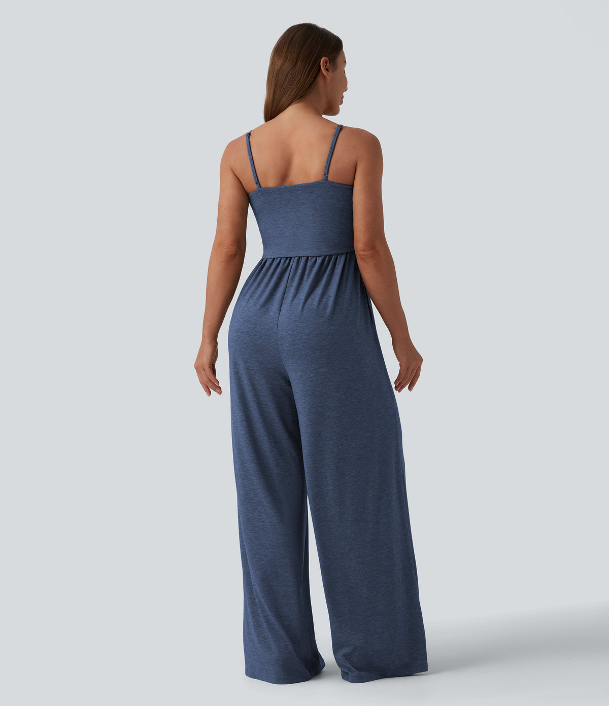 Adjustable Straps Ruched Wide Leg Heathered Casual Jumpsuit with Pockets — Mottled Indigo — view 2