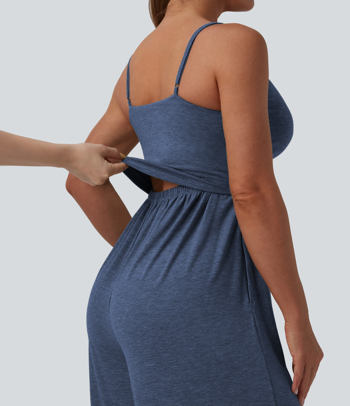 Adjustable Straps Ruched Wide Leg Heathered Casual Jumpsuit with Pockets — Mottled Indigo — view 4