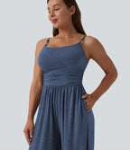 Adjustable Straps Ruched Wide Leg Heathered Casual Jumpsuit with Pockets — Mottled Indigo — view 5