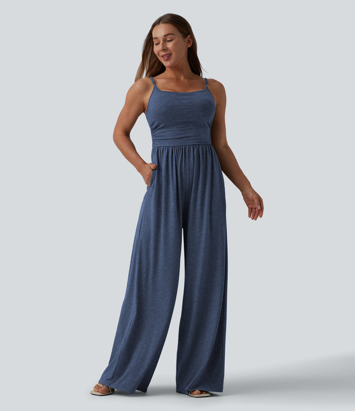 Adjustable Straps Ruched Wide Leg Heathered Casual Jumpsuit with Pockets — Mottled Indigo — view 1