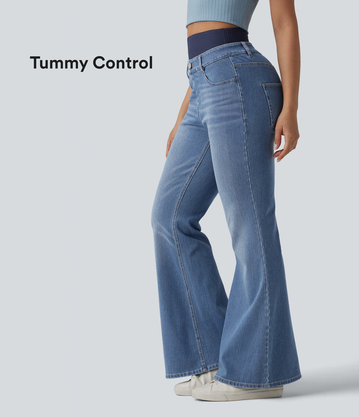 Double Waistband High Waisted Tummy Control Casual Flare Jeans with Pockets — Blue Jasper Denim — view 1