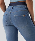 Double Waistband High Waisted Tummy Control Casual Flare Jeans with Pockets — Blue Jasper Denim — view 5