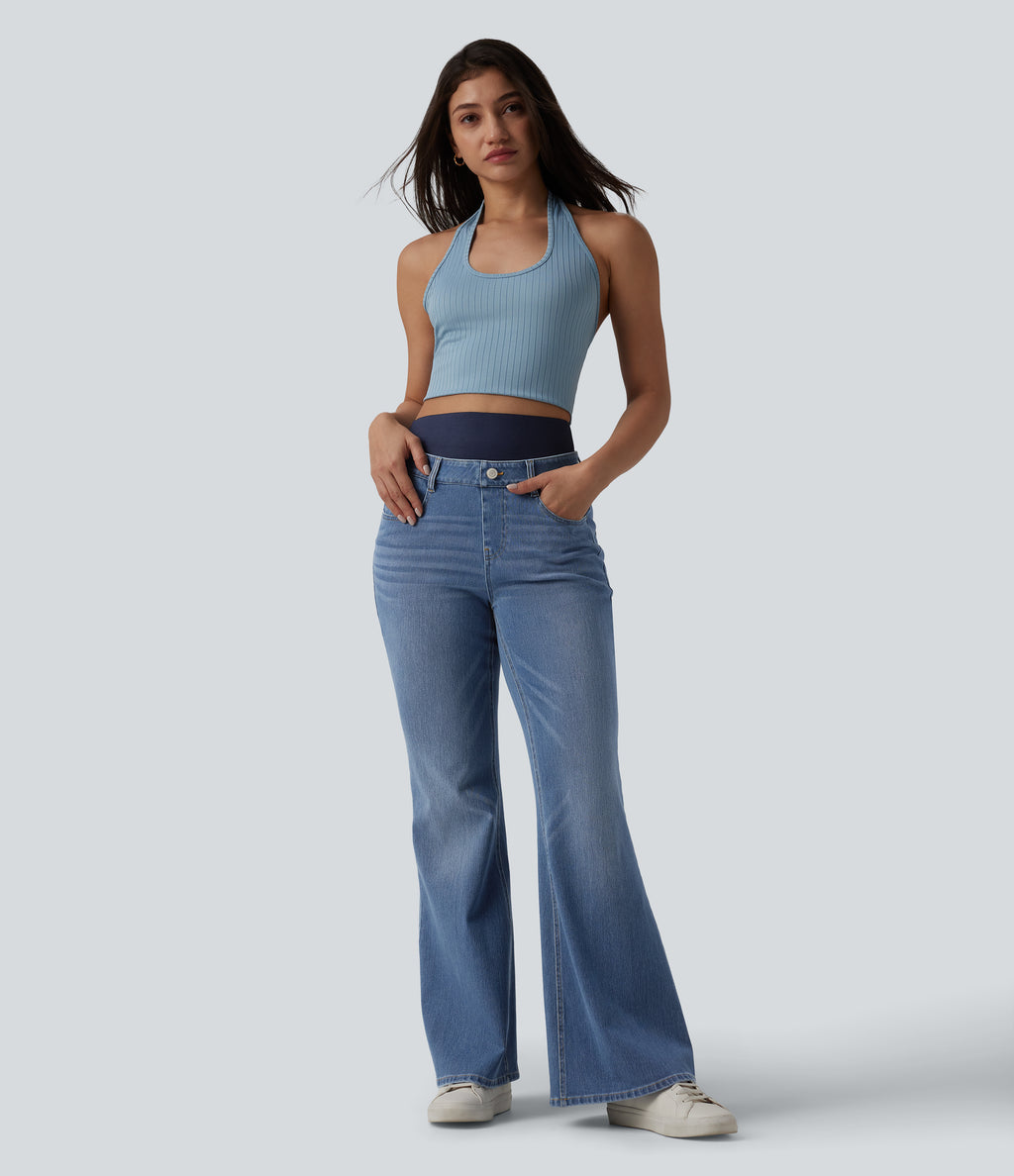 Double Waistband High Waisted Tummy Control Casual Flare Jeans with Pockets — Blue Jasper Denim — view 6