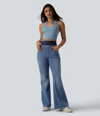 Double Waistband High Waisted Tummy Control Casual Flare Jeans with Pockets — Blue Jasper Denim — view 6
