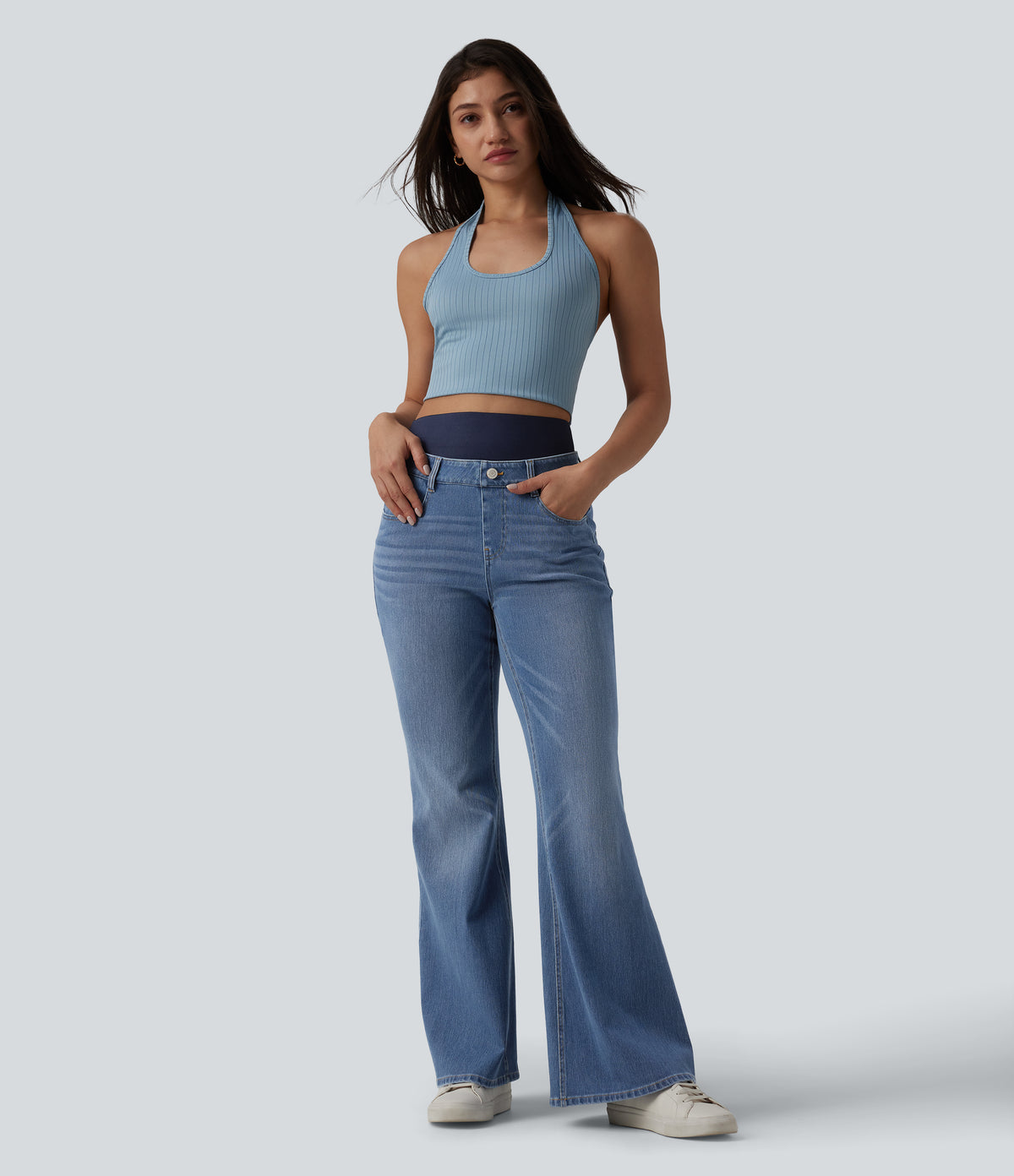 Double Waistband High Waisted Tummy Control Casual Flare Jeans with Pockets — Blue Jasper Denim — view 6