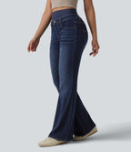 Double Waistband High Waisted Tummy Control Casual Flare Jeans with Pockets — Inkling Blue Denim — view 7