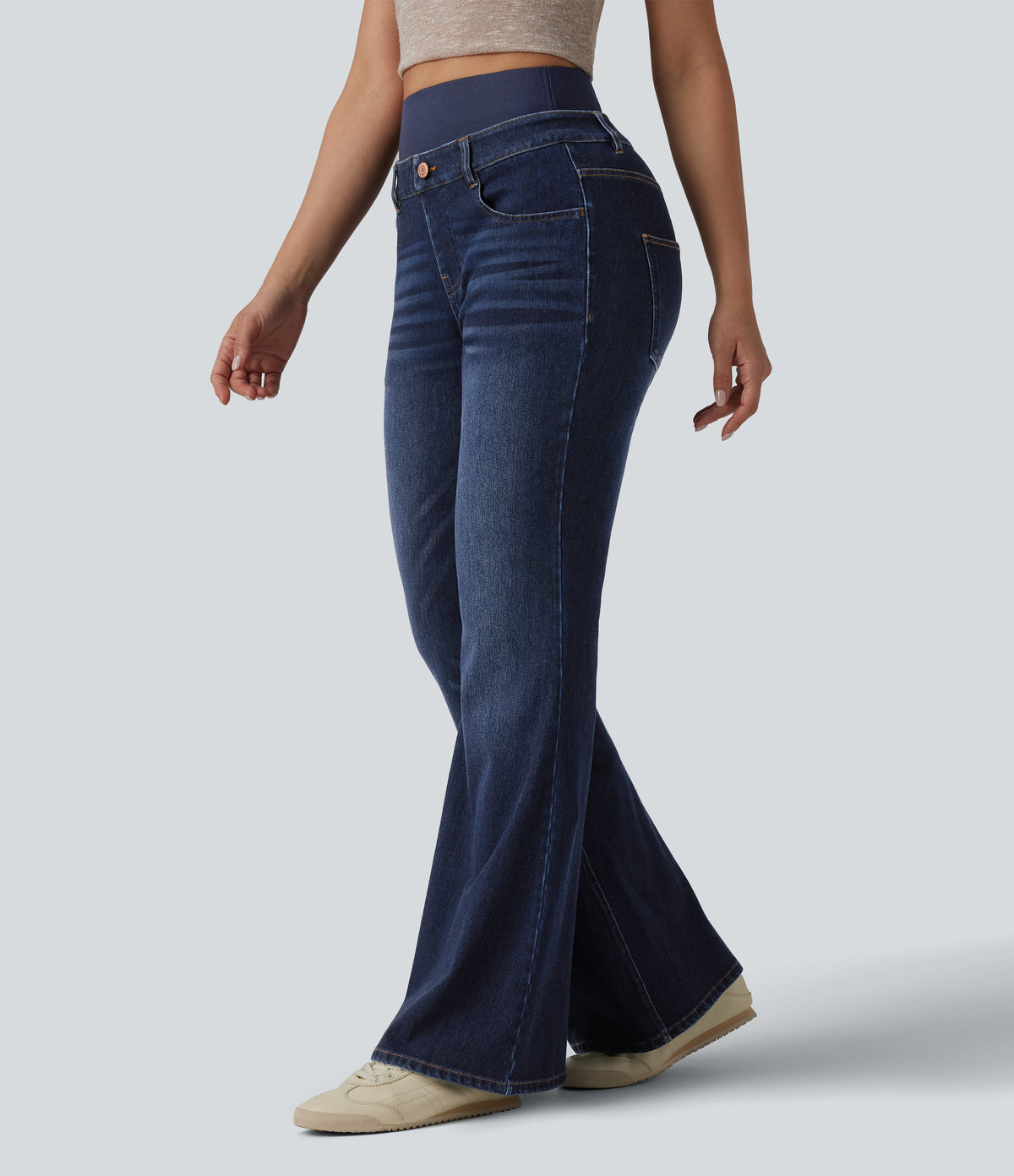 Double Waistband High Waisted Tummy Control Casual Flare Jeans with Pockets — Inkling Blue Denim — view 7
