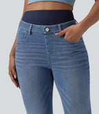 Double Waistband High Waisted Tummy Control Casual Flare Jeans with Pockets — Blue Jasper Denim — view 4