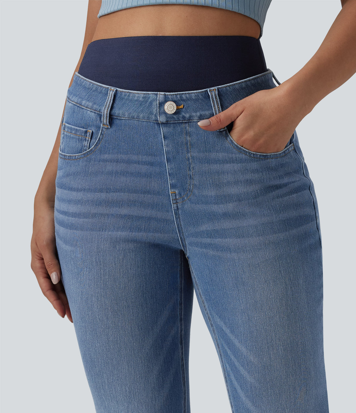 Double Waistband High Waisted Tummy Control Casual Flare Jeans with Pockets — Blue Jasper Denim — view 4