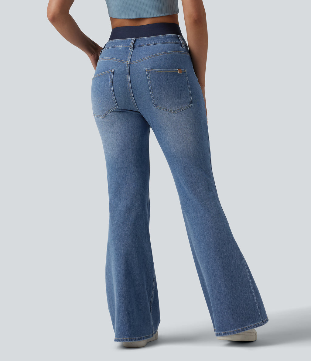 Double Waistband High Waisted Tummy Control Casual Flare Jeans with Pockets — Blue Jasper Denim — view 2
