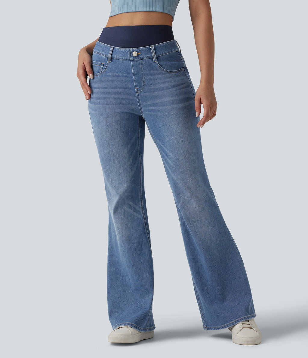 Double Waistband High Waisted Tummy Control Casual Flare Jeans with Pockets — Blue Jasper Denim — view 3