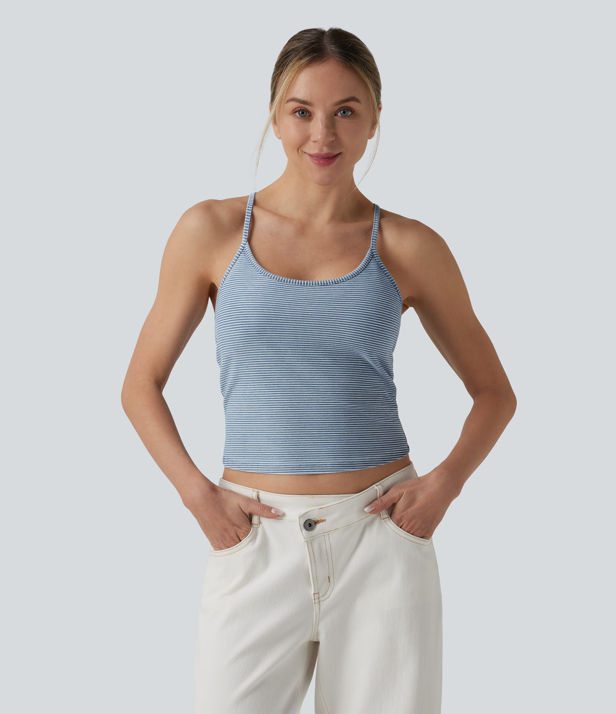 U-Neck Built-in Bra Stripes Denim Casual Cami Top — Malibu Blue Denim — view 2