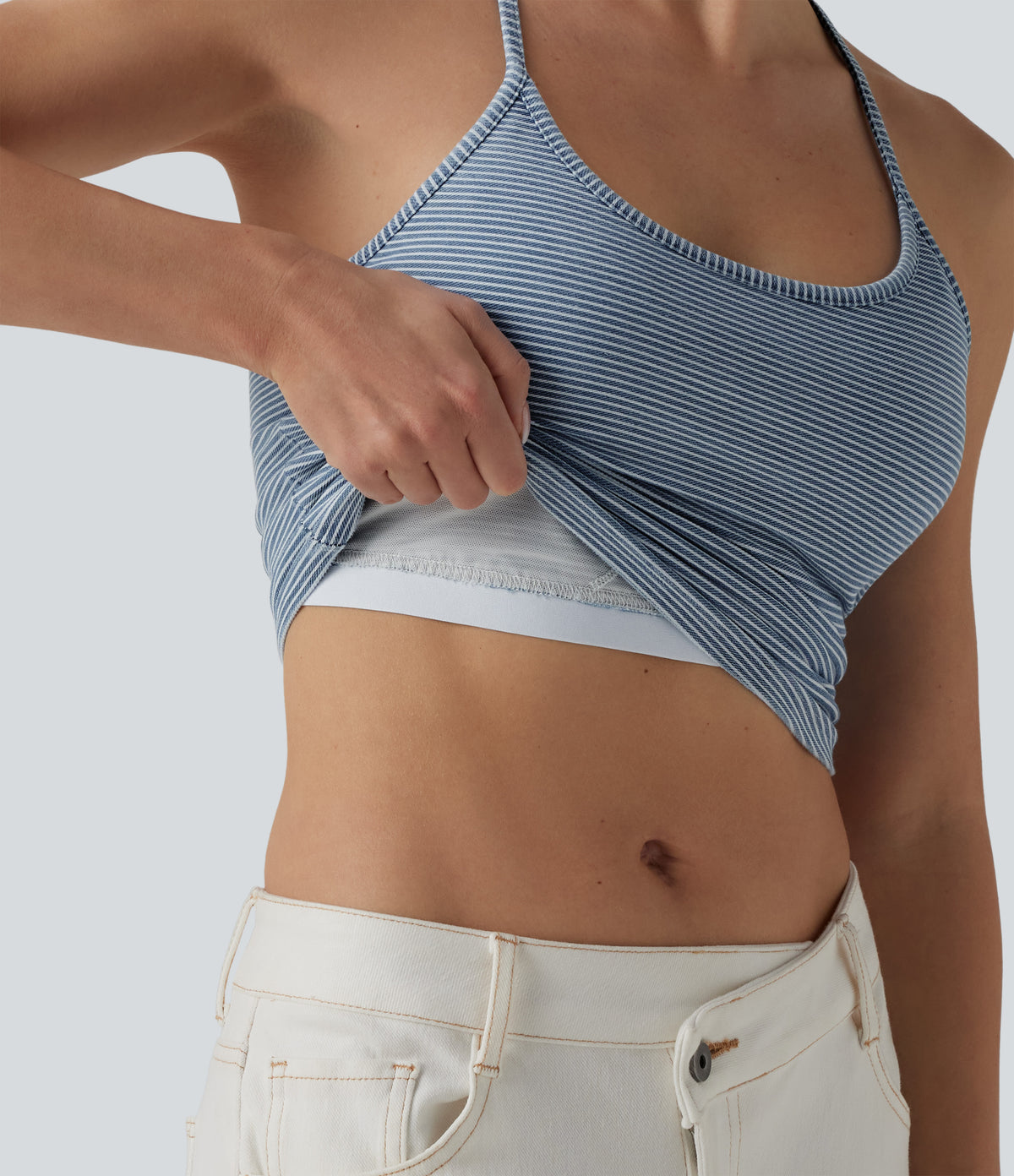 U-Neck Built-in Bra Stripes Denim Casual Cami Top — Malibu Blue Denim — view 1