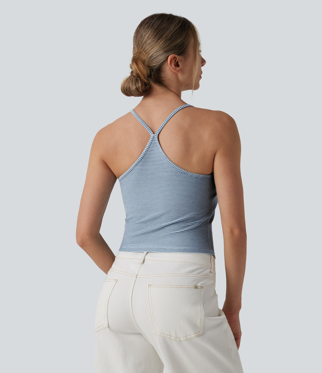 U-Neck Built-in Bra Stripes Denim Casual Cami Top — Malibu Blue Denim — view 3
