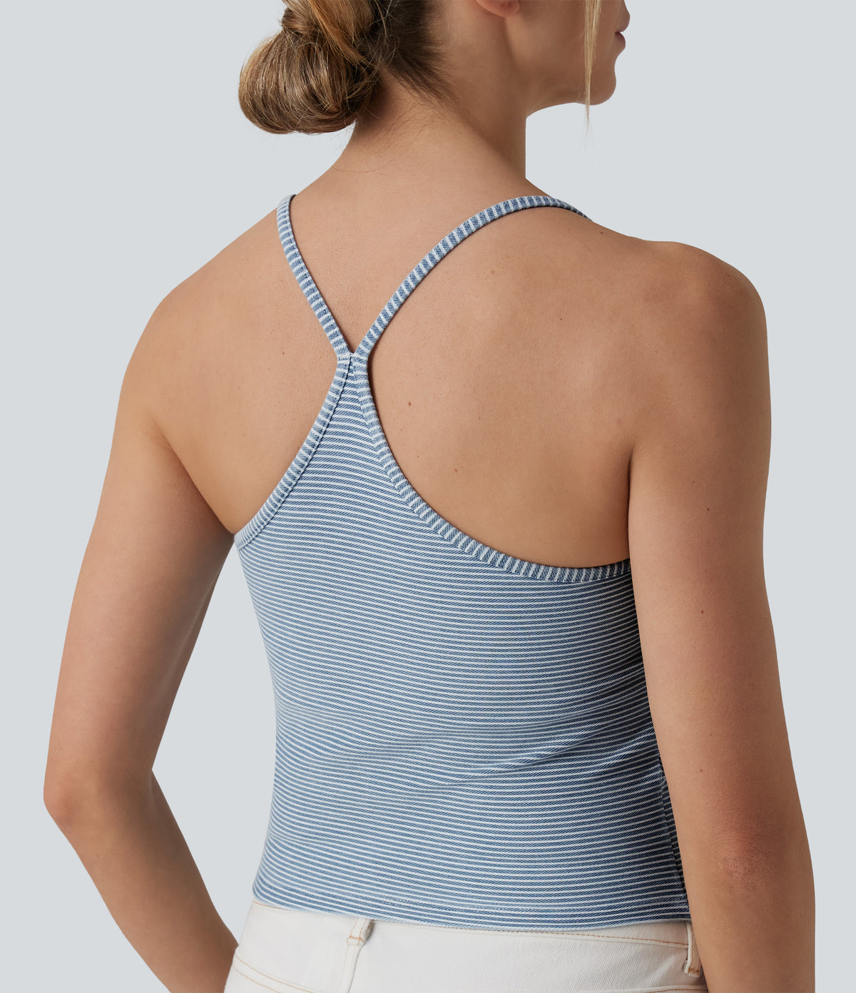 U-Neck Built-in Bra Stripes Denim Casual Cami Top — Malibu Blue Denim — view 6