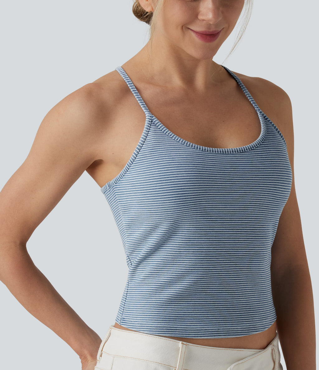 U-Neck Built-in Bra Stripes Denim Casual Cami Top — Malibu Blue Denim — view 5