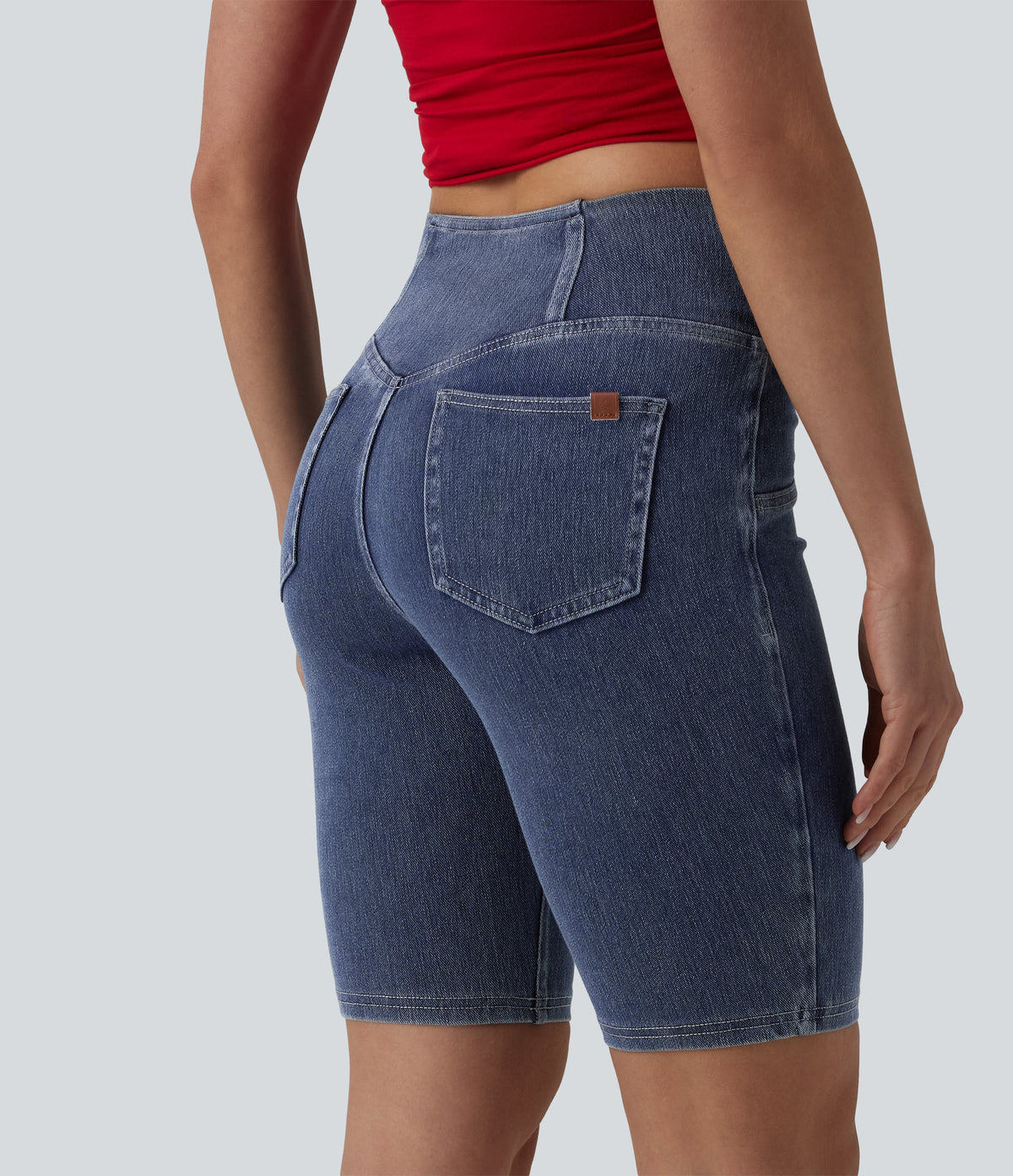 Crossover Mid Rise Denim Casual Skinny Shorts 9'' with Pockets — Tide Blue Denim — view 1