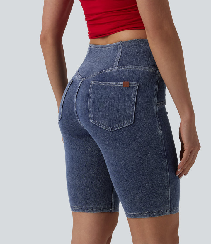 Crossover Mid Rise Denim Casual Skinny Shorts 9'' with Pockets — Tide Blue Denim — view 1