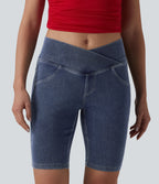 Crossover Mid Rise Denim Casual Skinny Shorts 9'' with Pockets — Tide Blue Denim — view 2