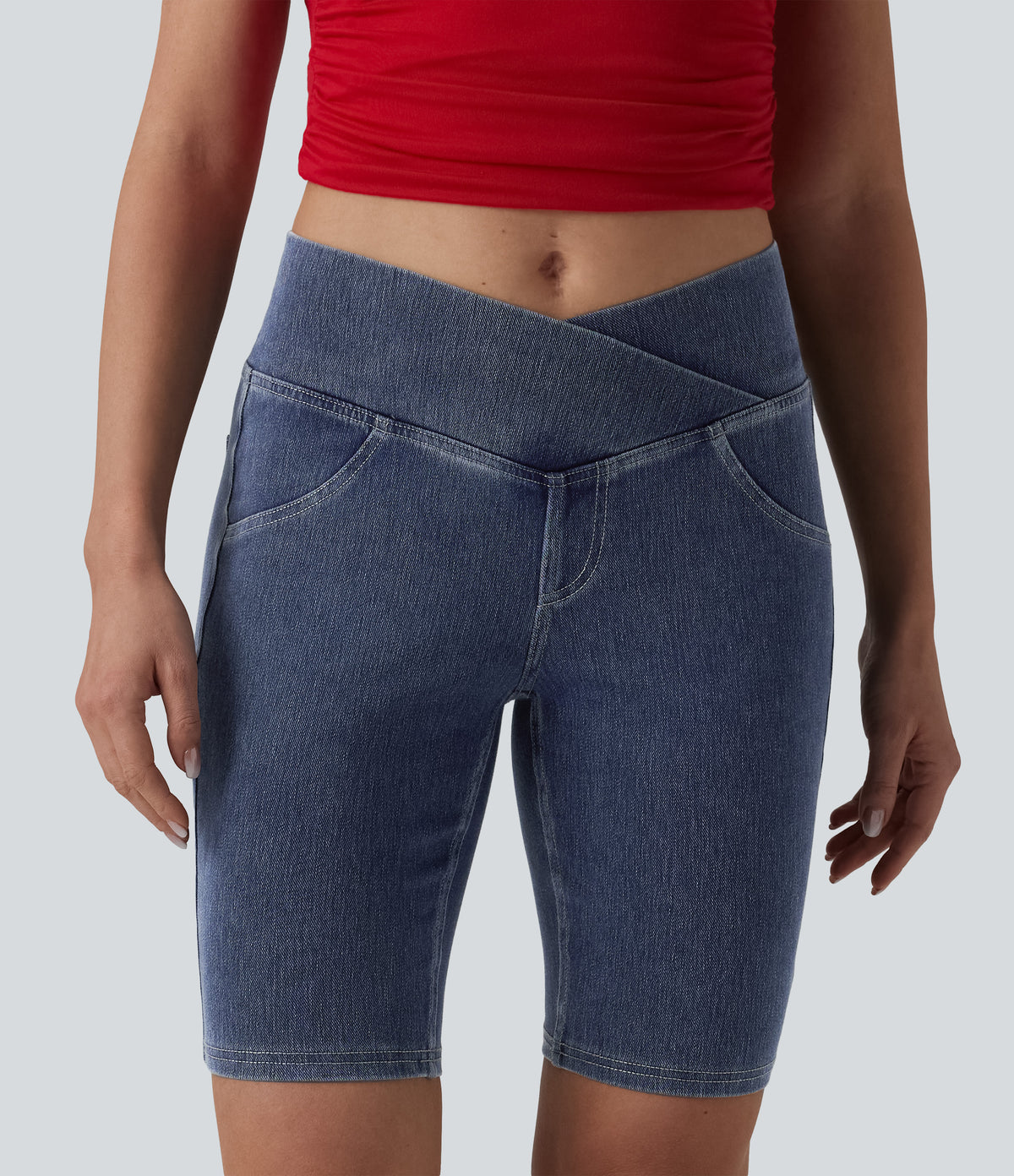 Crossover Mid Rise Denim Casual Skinny Shorts 9'' with Pockets — Tide Blue Denim — view 2