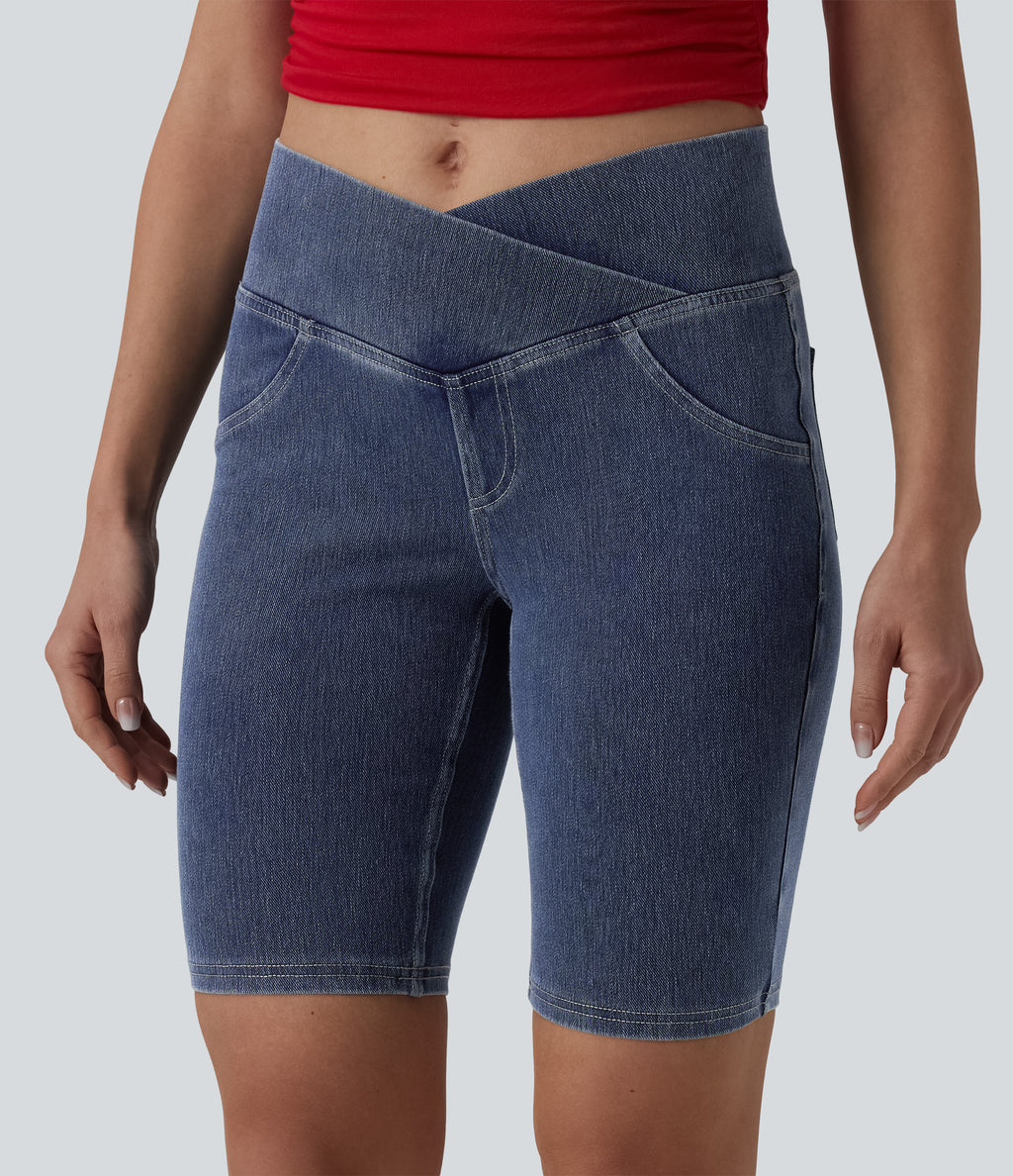 Crossover Mid Rise Denim Casual Skinny Shorts 9'' with Pockets — Tide Blue Denim — view 5