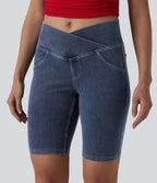Crossover Mid Rise Denim Casual Skinny Shorts 9'' with Pockets — Tide Blue Denim — view 5