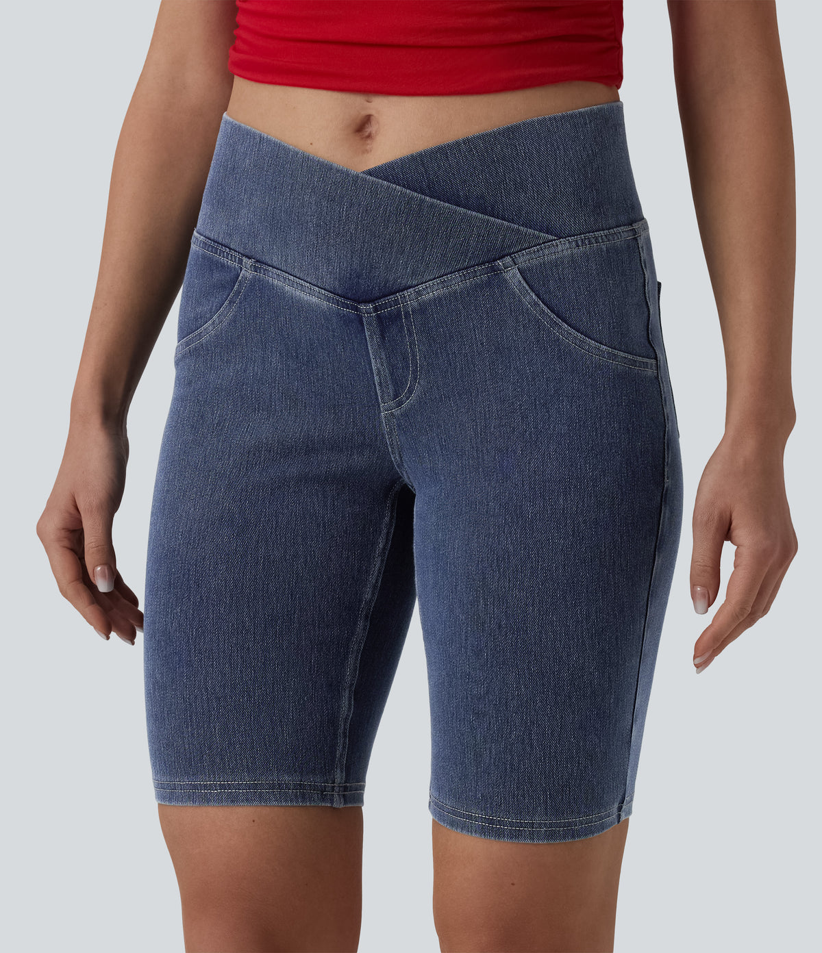 Crossover Mid Rise Denim Casual Skinny Shorts 9'' with Pockets — Tide Blue Denim — view 5