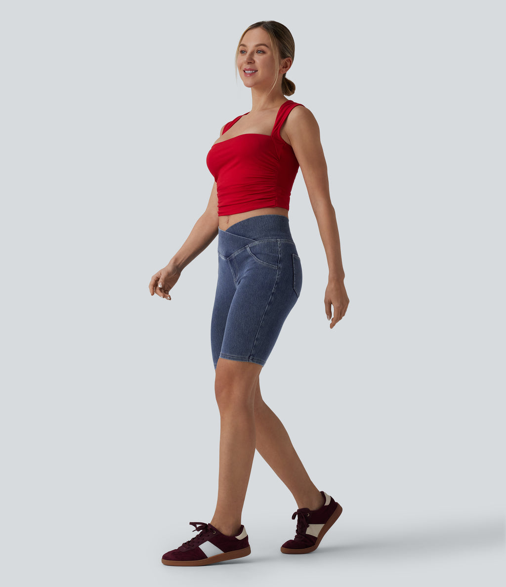 Crossover Mid Rise Denim Casual Skinny Shorts 9'' with Pockets — Tide Blue Denim — view 6