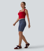 Crossover Mid Rise Denim Casual Skinny Shorts 9'' with Pockets — Tide Blue Denim — view 6