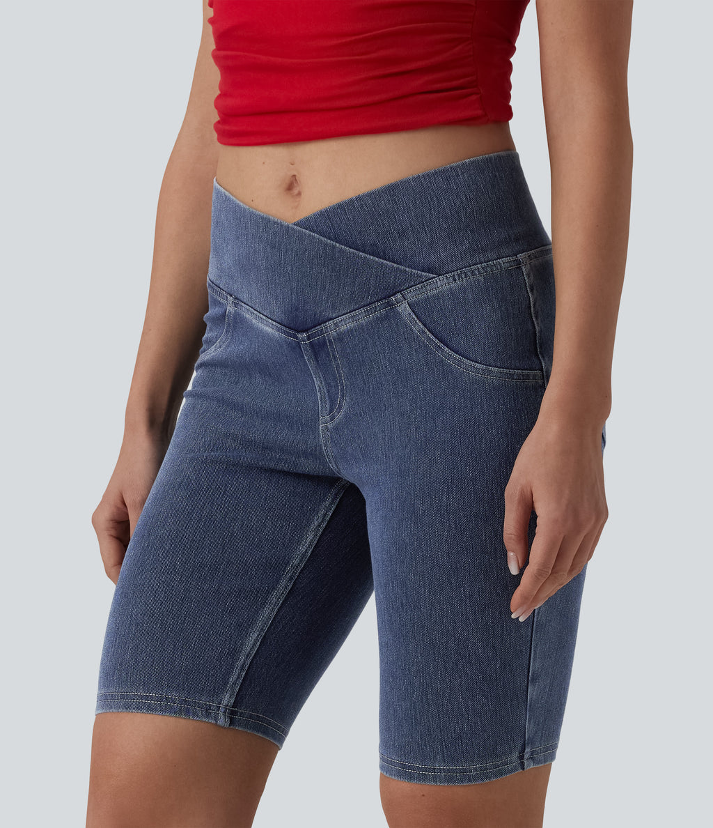 Crossover Mid Rise Denim Casual Skinny Shorts 9'' with Pockets — Tide Blue Denim — view 3