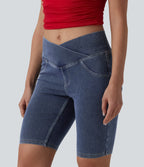 Crossover Mid Rise Denim Casual Skinny Shorts 9'' with Pockets — Tide Blue Denim — view 3
