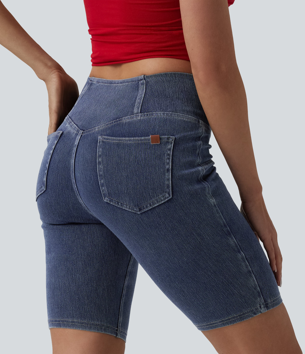 Crossover Mid Rise Denim Casual Skinny Shorts 9'' with Pockets — Tide Blue Denim — view 4