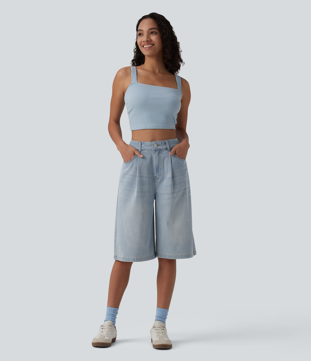 High Waisted Denim Casual Bermuda Shorts with Pockets — Baltic Sea Blue Denim — view 6