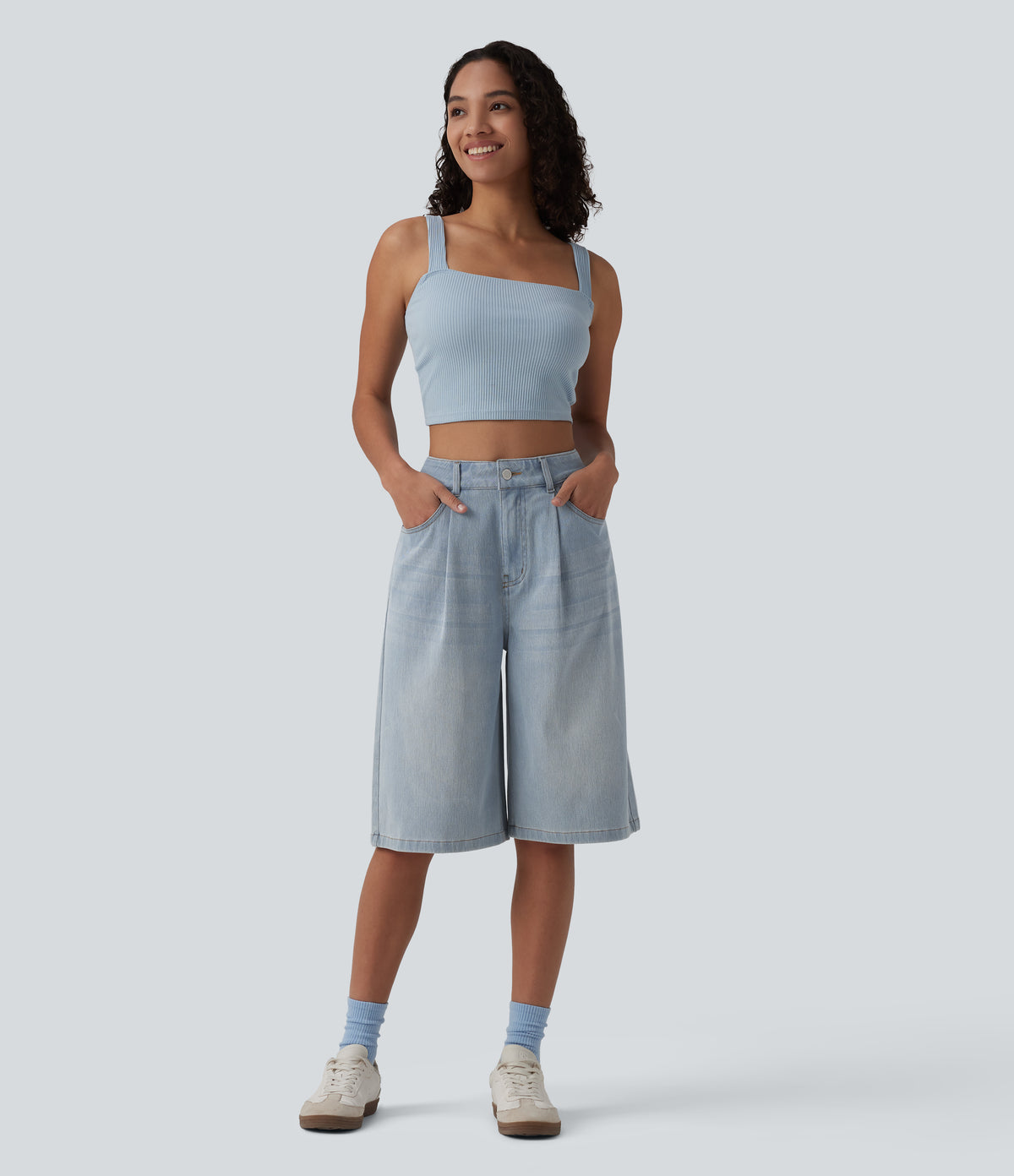 High Waisted Denim Casual Bermuda Shorts with Pockets — Baltic Sea Blue Denim — view 6