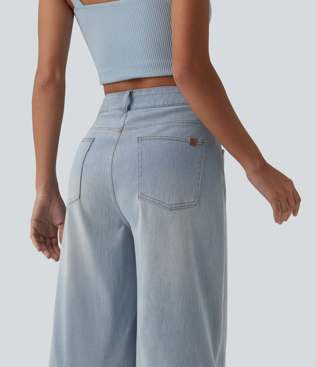 High Waisted Denim Casual Bermuda Shorts with Pockets — Baltic Sea Blue Denim — view 5