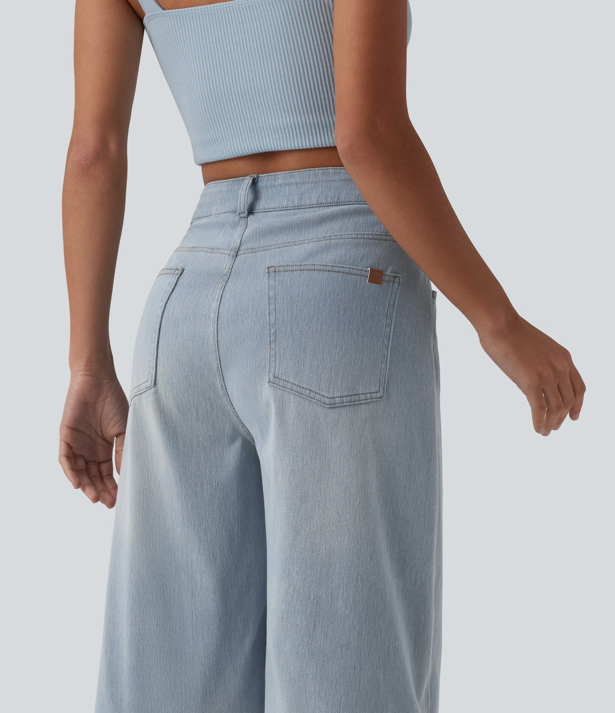High Waisted Denim Casual Bermuda Shorts with Pockets — Baltic Sea Blue Denim — view 5
