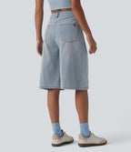 High Waisted Denim Casual Bermuda Shorts with Pockets — Baltic Sea Blue Denim — view 2