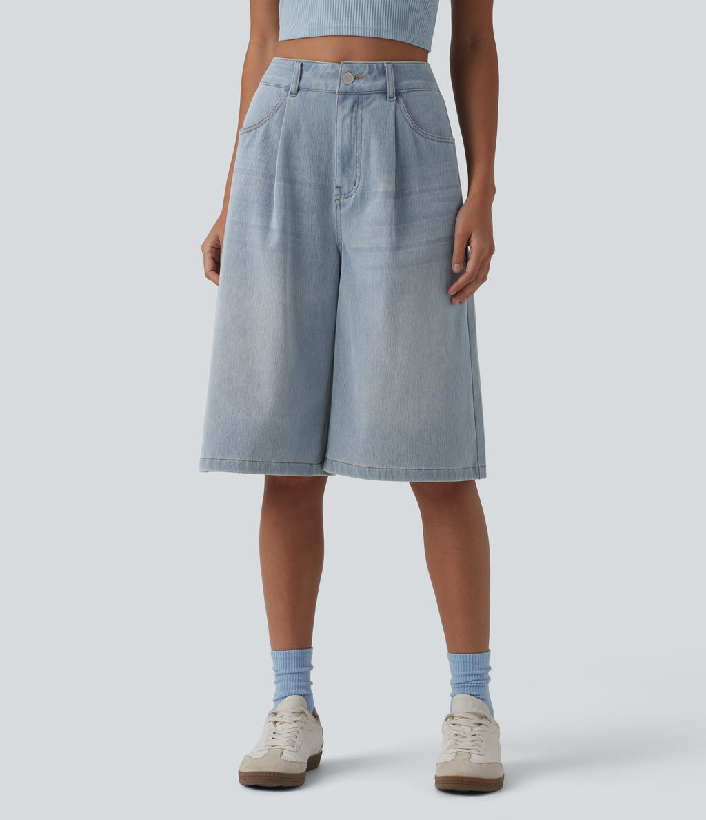 High Waisted Denim Casual Bermuda Shorts with Pockets — Baltic Sea Blue Denim — view 1