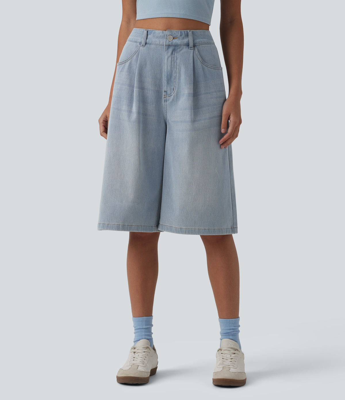 High Waisted Denim Casual Bermuda Shorts with Pockets — Baltic Sea Blue Denim — view 1