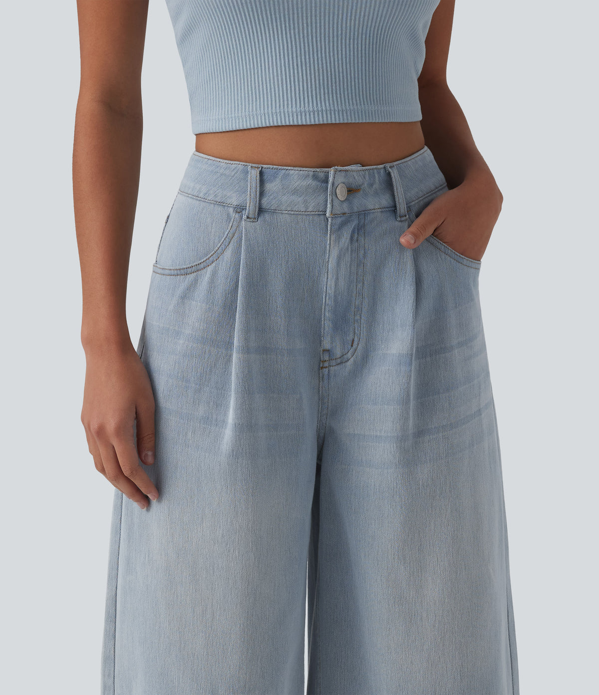 High Waisted Denim Casual Bermuda Shorts with Pockets — Baltic Sea Blue Denim — view 4