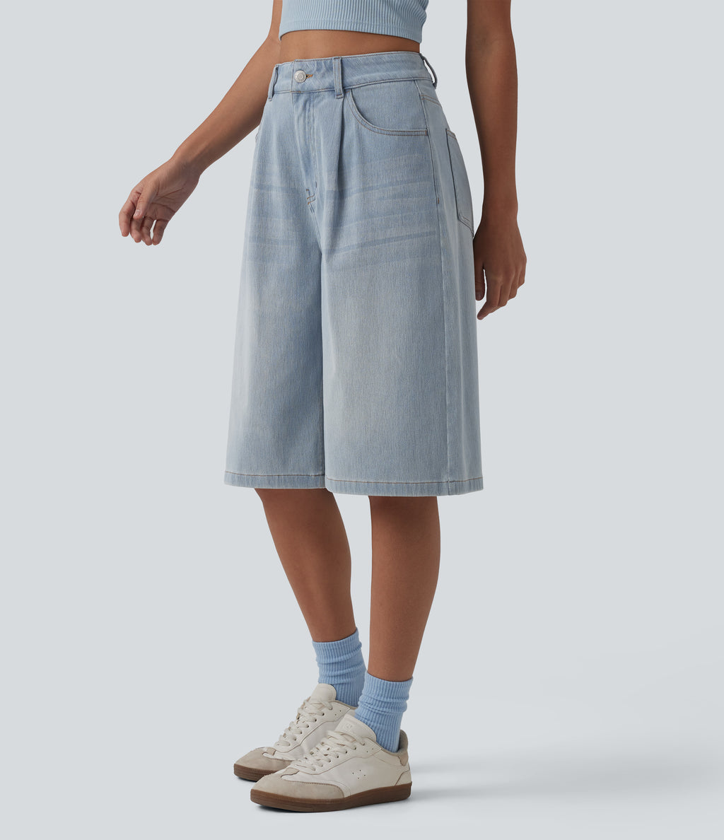 High Waisted Denim Casual Bermuda Shorts with Pockets — Baltic Sea Blue Denim — view 3