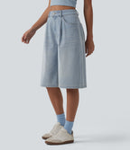 High Waisted Denim Casual Bermuda Shorts with Pockets — Baltic Sea Blue Denim — view 3