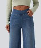 High Waisted Crossover Wide Leg Casual Jeans with Pockets — Tide Blue Denim — view 4