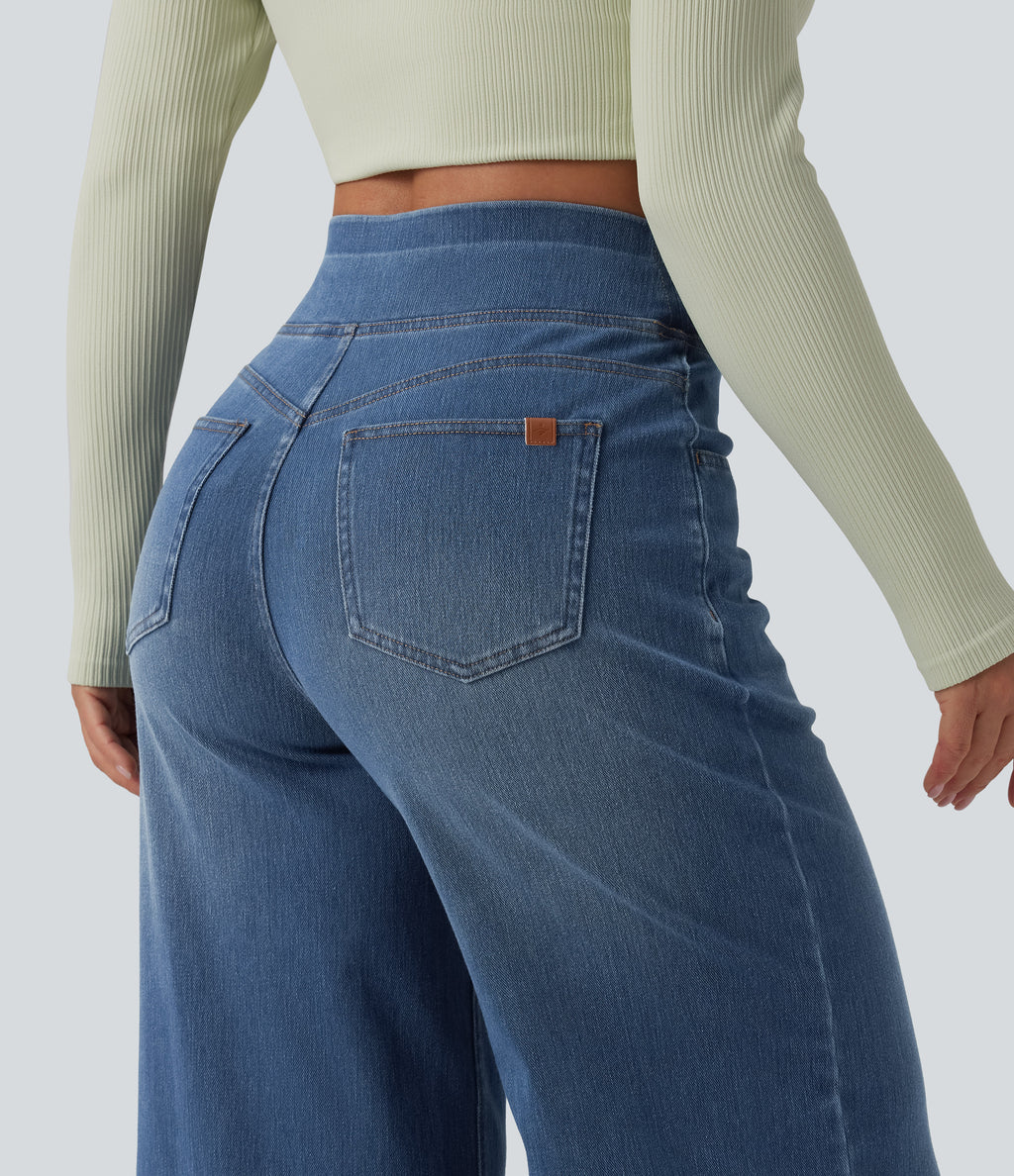 High Waisted Crossover Wide Leg Casual Jeans with Pockets — Tide Blue Denim — view 5