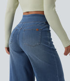 High Waisted Crossover Wide Leg Casual Jeans with Pockets — Tide Blue Denim — view 5