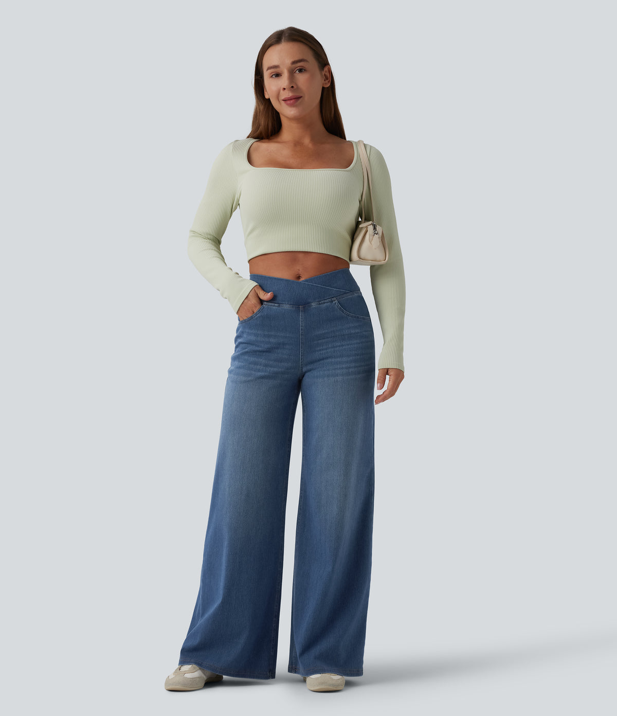 High Waisted Crossover Wide Leg Casual Jeans with Pockets — Tide Blue Denim — view 6