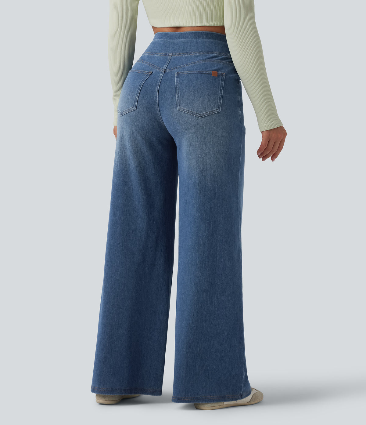 High Waisted Crossover Wide Leg Casual Jeans with Pockets — Tide Blue Denim — view 2