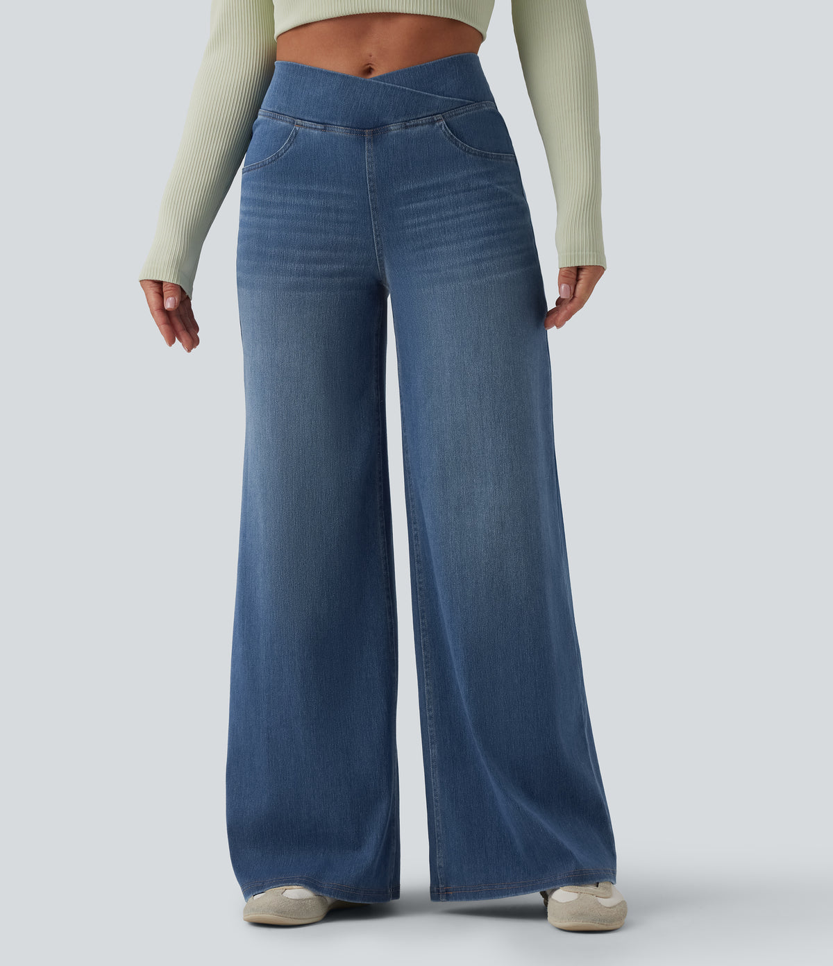 High Waisted Crossover Wide Leg Casual Jeans with Pockets — Tide Blue Denim — view 1